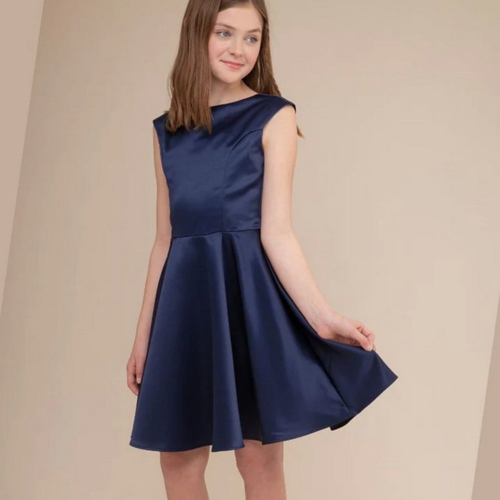 Un Deux Trois Girls Navy Satin Cap Sleeve Dress